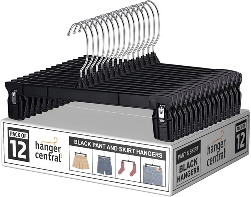 Paquete de 12 perchas para pantalones - Perchas delgadas de plástico resistentes de 12 pulgadas con clips para faldas, pantalones, pantalones cortos