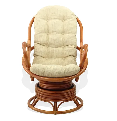 Miniatura 2 de Lounge Set de 2: Silla mecedora giratoria Java de mimbre de ratán natural hecha a mano y otomana Krit con cojín crema, coñac