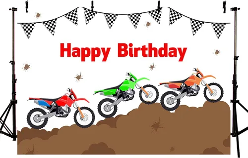 AIBIIN Telón de fondo de cumpleaños de motocicleta de 7 x 5 pies para niños, carreras de moto, banderas de fiesta de cumpleaños, decoración de