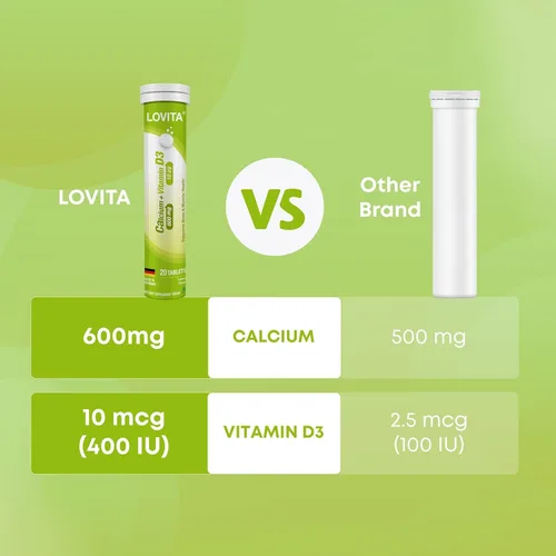 Miniatura 7 de LOVITA Calcio + VIT D3 Tabletas efervescentes 20 unidades, 600 mg de calcio con 400 UI D3, apoya la salud ósea y muscular, sabor a limón, vegano