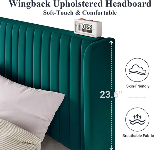 Miniatura 4 de Allewie - Base de cama tamaño Full con plataforma acolchada tapizada en terciopelo/cabecera tapizada con diseño acanalado vertical/listones de Verde