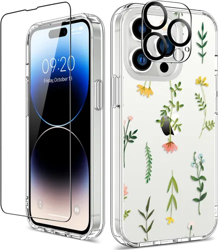 Miniatura 9 de Funda para iPhone 14 Pro con protector de pantalla, 6.1 pulgadas, transparente de cuerpo completo, a prueba de golpes, diseño floral, para niñas