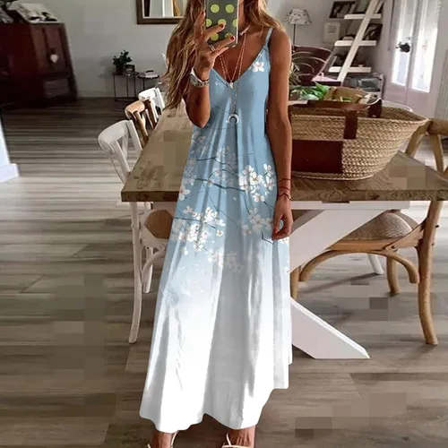 Miniatura 2 de Vestidos florales para mujer 2023 2024, sin mangas, dobladillo fluido, vestido largo fruncido con cuello en V, vestidos de sol, vestido suelto