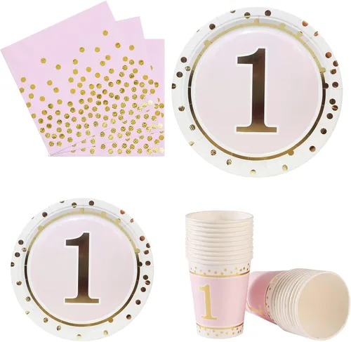 Miniatura 2 de MaitianGuyou Kit de 100 piezas de suministros para primera fiesta, juego de platos para fiesta de cumpleaños, platos de papel de 9 y 7 pulgadas