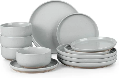 Miniatura 23 de HaWare Juego de vajilla de gres, juego de platos y tazones de 12 piezas para 4, juego de vajilla para casa restaurante, blanco lechoso moteado