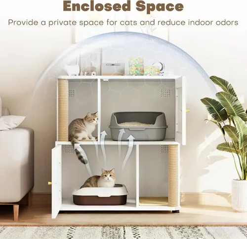 Miniatura 4 de Caja de arena para gatos para 2 gatos, armario de metal oculto doble con poste rascador para gatos, muebles grandes para baño de mascotas, mesa