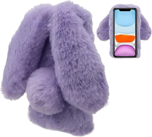 LCHDA Funda de conejo para iPhone 13 de 6.1 pulgadas, lindas orejas de conejo 3D, bola de pelo suave y peluda, cálida de piel sintética, esponjosa,
