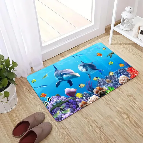 Miniatura 14 de LYFANS Alfombras absorbentes y antideslizantes para uso en cocina y baño, alfombrillas modernas de arte azul con delfín en 3D (61x41 cm)