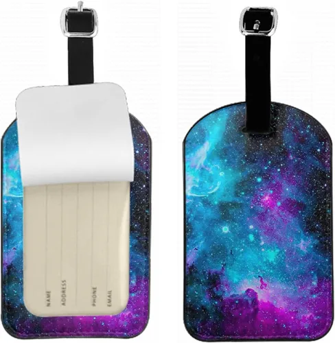 Etiquetas de cuero para equipaje de galaxia, color morado, azul, misteriosa, noche estrellada, tarjetero, tarjeta de visita, bolsa de identificación