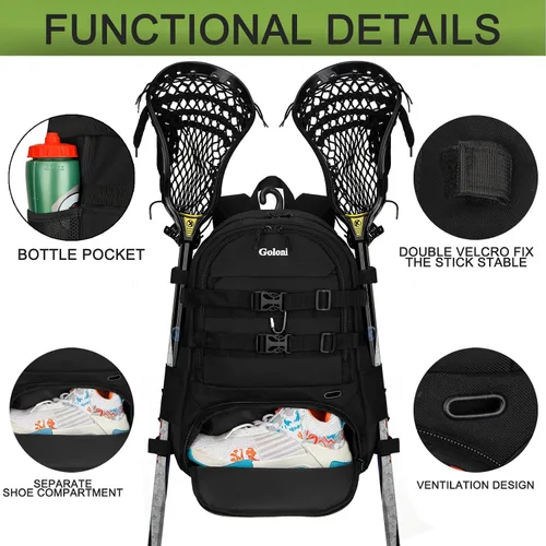 Miniatura 2 de Goloni Lacrosse - Mochila para equipo con dos palos y compartimento separado para tacos y bolsa de hockey sobre césped