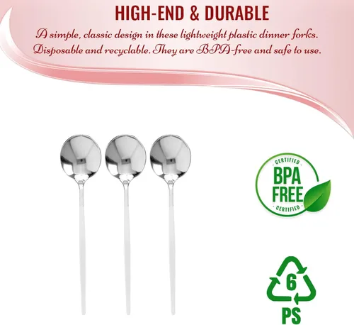Miniatura 3 de Cucharas de plástico desechables plateadas con mango blanco, paquete de 240 cubiertos resistentes de 8.1 pulgadas sin BPA, elegantes cucharas