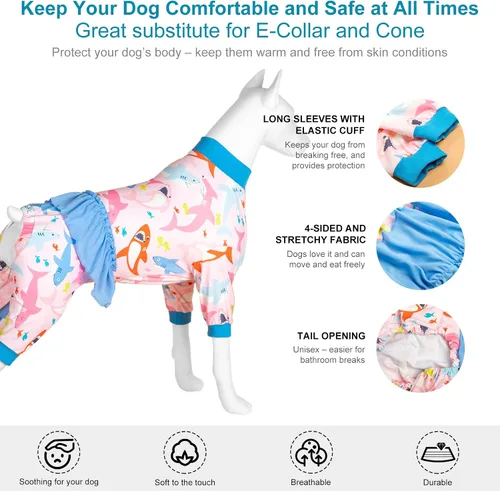 Miniatura 5 de LovinPet Camisa Pijama Grande para Perro - Protección UV, Pijama de Recuperación Post-Quirúrgica, Tela Elástica Ligera, Estampado Rosa Big Bites