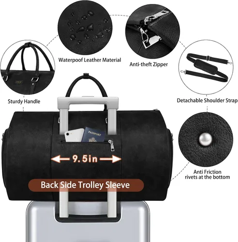 Miniatura 5 de Garment Bag for Travel, Convertible Carry on Garment Duffel Bag for Men Faux Leather Waterproof Large Weekender Bag for Women Men 2 in 1 Hanging