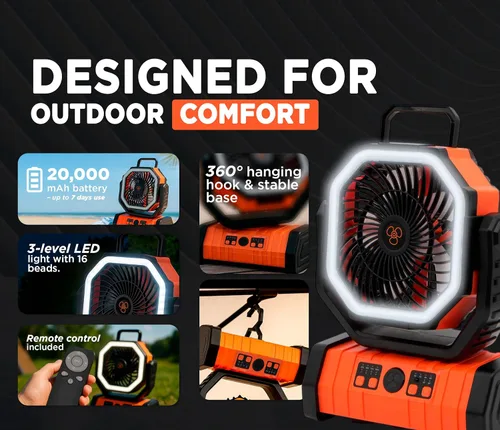 Miniatura 4 de Ventilador de exterior F6 – ventiladores portátiles personales recargables con luz LED y control remoto – ventilador de viaje plegable Naranja