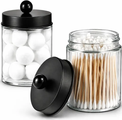 Miniatura 9 de Amolliar Juego de 2 organizadores de almacenamiento de vidrio para tocador de baño, recipiente de encimera con tapas de metal y calcomanías, tarros