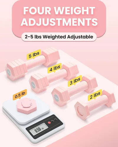 Miniatura 2 de Juego de mancuernas ajustables, juego de pesas de mano 4 en 1 para mujeres y hombres, un par de mancuernas de 10 libras cada uno de 2 libras, 3 Rosa