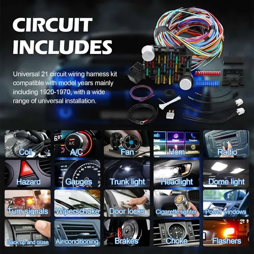 Miniatura 2 de Kit de arnés de cableado universal – 21 mazos de cableado de circuitos de color estándar kit de reemplazo para Chevy Mopar Hotrods Ratrods Ford