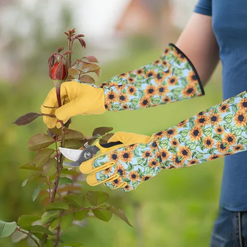 Miniatura 7 de Guantes largos de jardinería para mujeres, a prueba de espinas, guantes de cuero de vaquilla para poda de rosas, para cactus, rosas y moras azul M