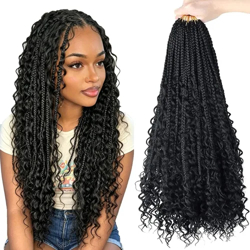 Miniatura 24 de LMZIM 18 Pulgadas Trenzas de Caja Bohemias 8 Paquetes Trenzas de Caja de Diosa Bohemia Cabello de Ganchillo con Puntas Rizadas Cabello de Ganchillo