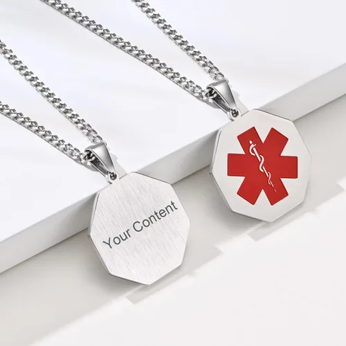 Miniatura 48 de VNOX Collar con colgante personalizado de acero inoxidable con grabado personalizado para identificación de alerta médica de emergencia para hombres
