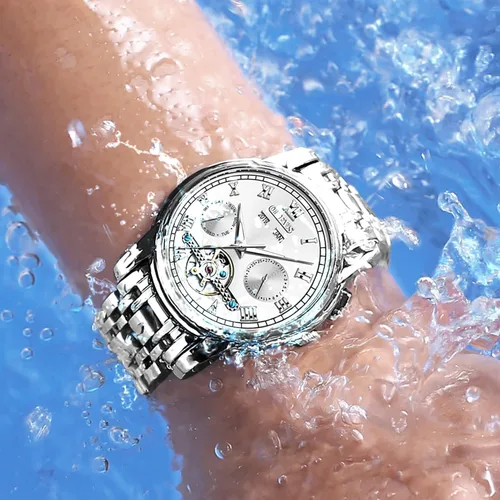 Miniatura 8 de OLEVS Reloj automático para hombre, cuerda automática, mecánica, de lujo, de acero inoxidable, multicalendario, impermeable, luminoso, reloj