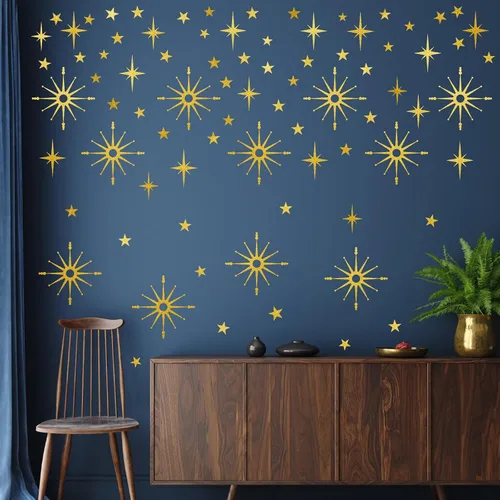 Calcomanías de pared con estrella dorada, diseño retro de explosión de estrellas, calcomanías para dormitorio, sala de estar, decoración de techo
