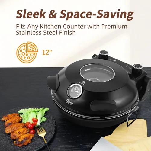 Miniatura 3 de Horno eléctrico para pizza de 12 pulgadas, máquina de pizza de encimera con piedra de cerámica, calienta hasta 800 °F, horno de pizza portátil