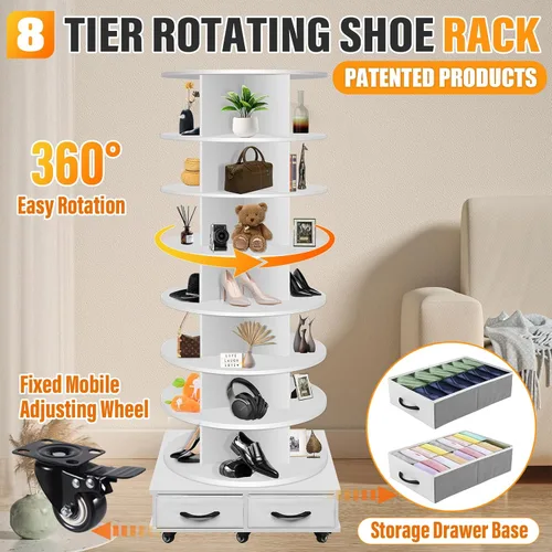 Miniatura 4 de Torre de estante giratorio para zapatos de 8 niveles contiene 2 cajones, Estante giratorio para zapatos Display Lazy Susan, Estantes giratorios