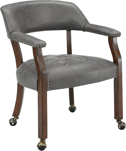 Miniatura 17 de Sillas de comedor con ruedas y brazo, sillas de capitán Caster Boss con patas de madera maciza, sillas de escritorio de oficina con botón tapizado