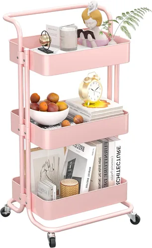 Carrito de almacenamiento con ruedas de metal, carrito utilitario de 3 niveles con ruedas, organizador multifuncional para cocina, dormitorio, Rosa
