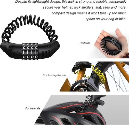 Miniatura 4 de KVAEY 2 candados de cable para casco de motocicleta, antirrobo con código de combinación digital de 4 unidades, bloqueo de cable retráctil