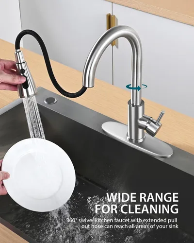 Miniatura 3 de Hiqufet Grifo de fregadero de cocina con rociador desplegable con placa de cubierta, grifo de arco alto de níquel cepillado, grifos modernos