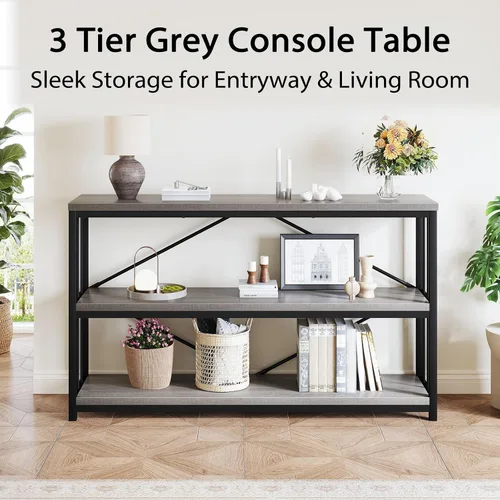 Miniatura 5 de LVB Mesa de Entrada Estilo Granja, Mesa Consola de Metal y Madera para Pasillo, Mesa de Sofá Rústica Industrial con Estante de Almacenamiento de 3