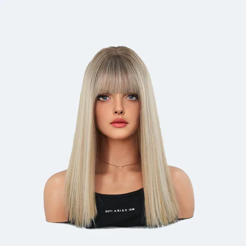 Miniatura 19 de Peluca de 22 pulgadas de largo y lacia con flequillo de cortina para mujer, cabello sintético negro, resistente al calor, para fiesta, cosplay, Té