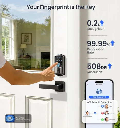 Miniatura 6 de Veise VE027-L - Cerradura inteligente WiFi integrada con asas, juego de cerradura de puerta de entrada sin llave de huellas dactilares, control