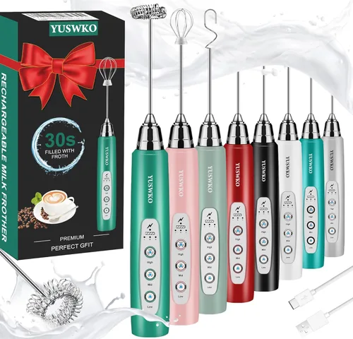 Miniatura 8 de YUSWKO - Espumador de leche recargable de mano con 3 cabezas, mezclador de bebidas con 3 velocidades ajustables para latte, cappuccino, chocolate