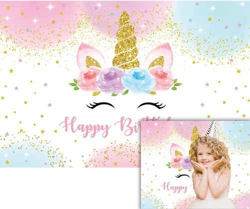 Telón de fondo de unicornio arcoíris de 5 x 3 pies, decoraciones de fiesta de feliz cumpleaños para niñas, acuarela, floral, estrellas, lunares,