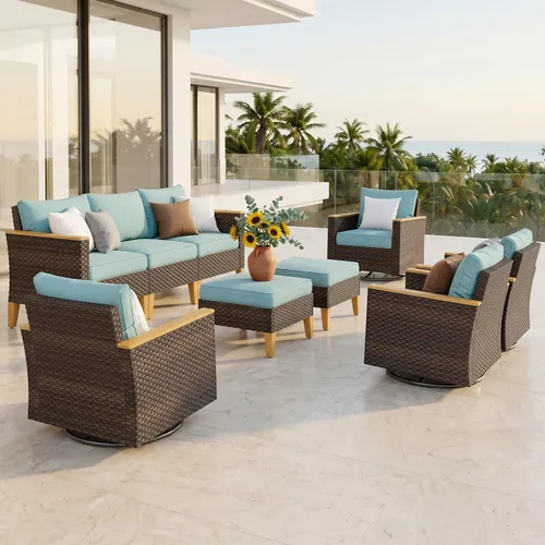 Miniatura 42 de PHI VILLA Otomana de mimbre para patio, 2 piezas, asiento otomano de mimbre para todo tipo de clima, reposapiés para exteriores con cojines