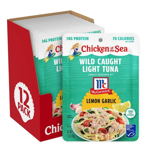 Chicken of the Sea Atún ligero capturado en la naturaleza con ajo y limón ligeramente sazonado, paquetes de 2.5 onzas, 12 unidades - Atún alto en