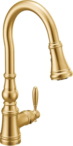Miniatura 31 de Moen WeymouthBrushed Gold S73104BG - Grifo de cocina con resorte de preenjuague de un mango con refuerzo de potencia para una limpieza más rápida