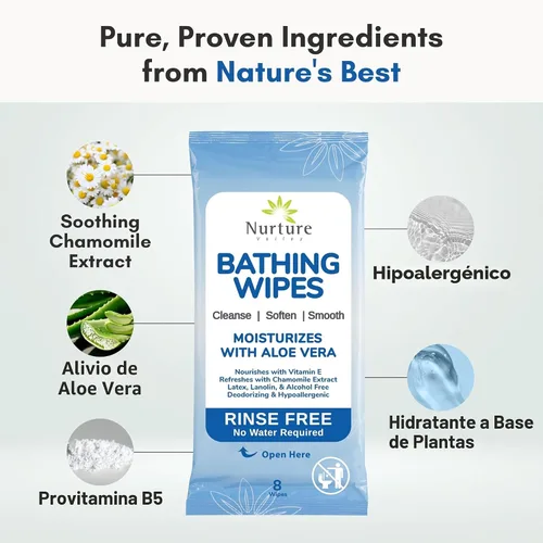 Miniatura 6 de Nurture XL Toallitas de baño sin enjuague para adultos con aloe Limpieza sin agua para pieles sensibles Toallitas húmedas desechables