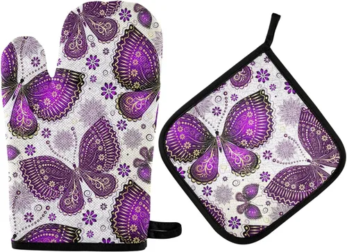Miniatura 52 de ZZXXB Spring Bird - Guantes de cocina dobles con diseño floral de mariposa, resistentes al calor, antideslizantes, extra largos de 7 x 35 pulgadas