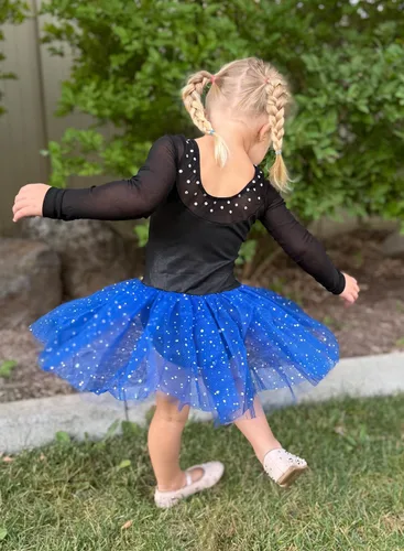 Miniatura 108 de EQSJIU Leotardo de baile de manga larga para niñas, vestido de ballet brillante con copo de nieve, tutú con falda tutú para niñas