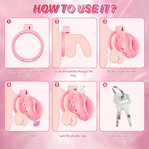 Miniatura 6 de Jaula de castidad masculina – Jaula de pene suave y ligera con vagina y clítoris realistas y anillos de 6 tamaños, cómodo dispositivo de castidad