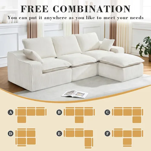 Miniatura 7 de Sofá modular sin hueso de 107 pulgadas con otomana, sofá modular de pana con asiento profundo tapizado, moderno sofá modular con tumbonas