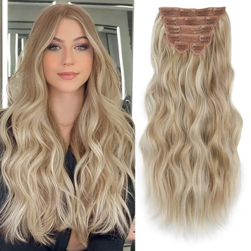 Miniatura 7 de Extensiones de cabello con clip de Vigorous de 20 pulgadas, con reflejos rubio playa, extensiones de cabello ondulado largo y suave de cabello