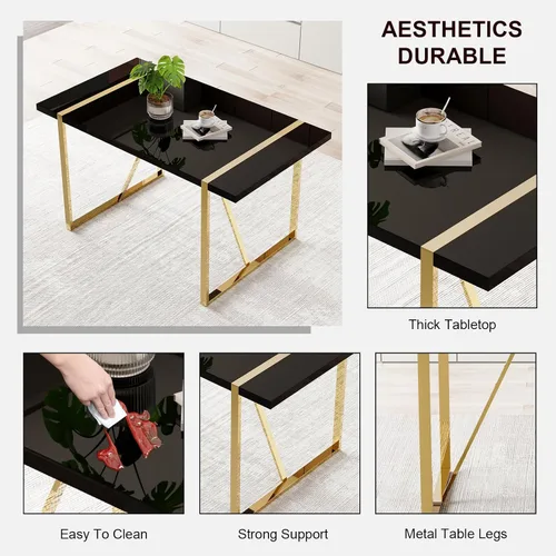 Miniatura 4 de Moderno juego de mesa de comedor para 4, juego de mesa de comedor dorado de 55 pulgadas con 4 sillas de piel sintética negra, mesa de madera negra