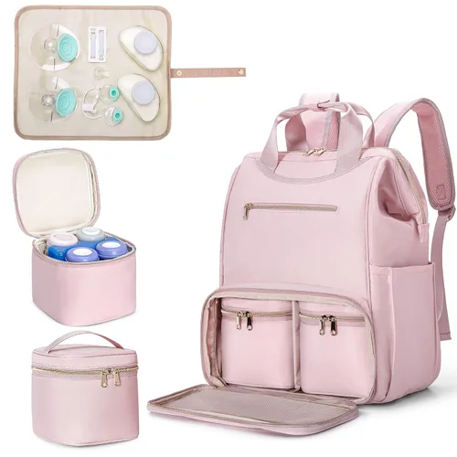 Fasrom Mochila portátil para sacaleches con enfriador y bolsa de mano, compatible con bombas manos libres Momcozy Medela y Elvie, color rosa (diseño