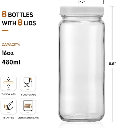 Miniatura 2 de Paquete de 8 botellas de vidrio para jugo con 2 popotes y 2 tapas con agujero, tarros de viaje de 16 onzas, vasos de agua con tapas herméticas Tapas