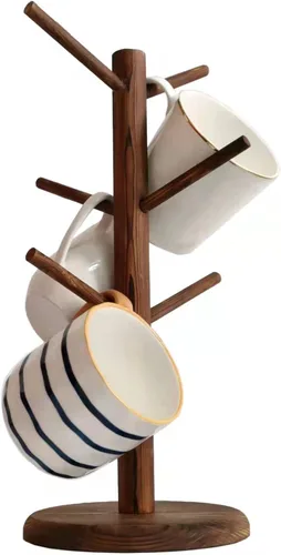 Dorhors Soporte para Tazas en Forma de Árbol, Soporte para Tazas de Café con 6 Ganchos, Estante de Madera para Tazas para el Mostrador, Accesorios y